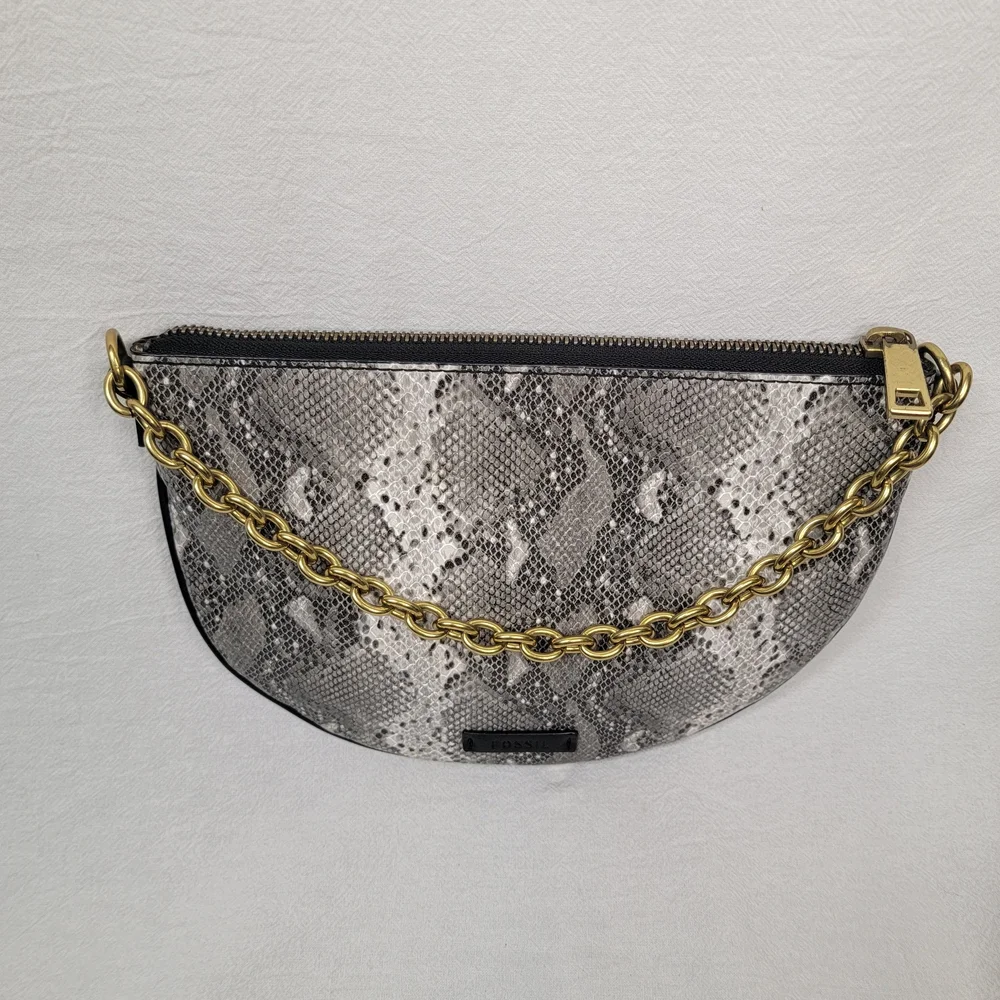 Fossil Gray Snakeskin Print Half Moon Clutch Bag Shoulder Purse Gold Chain MCM - Picture 7 of 9